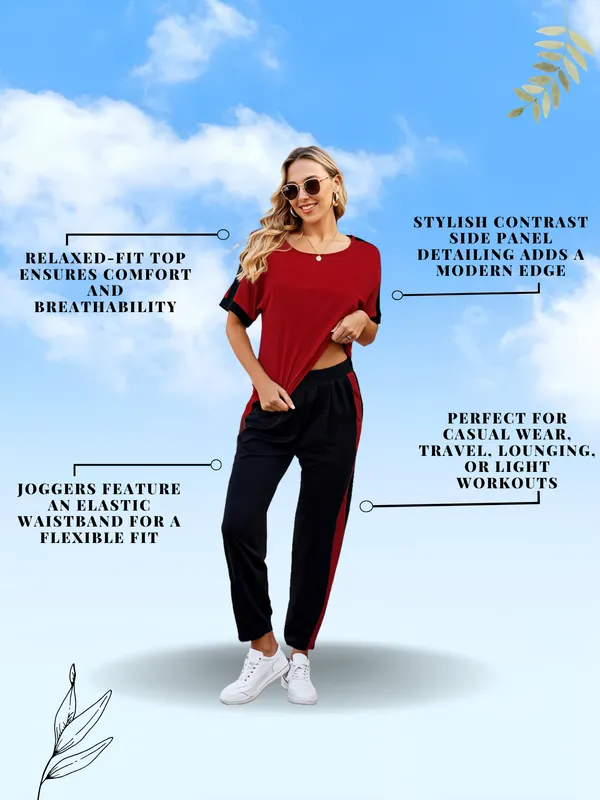Maroon_Casual_Relaxed_Fit_Two-Piece_Tracksuit_Set_with_Short_Sleeve_Top_and_Elastic_Waist_Pants