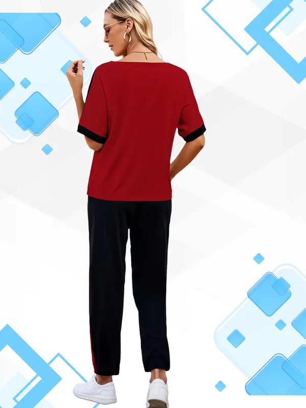 Maroon_Casual_Relaxed_Fit_Two-Piece_Tracksuit_Set_with_Short_Sleeve_Top_and_Elastic_Waist_Pants