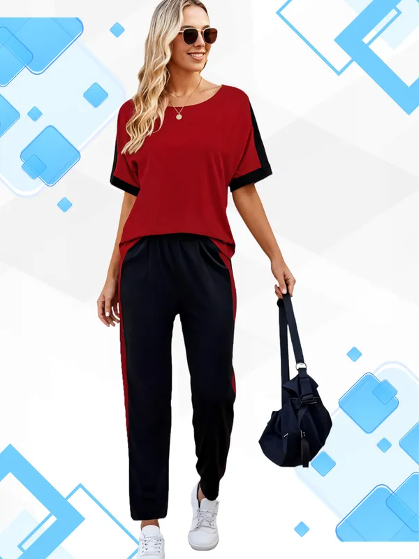 Maroon_Casual_Relaxed_Fit_Two-Piece_Tracksuit_Set_with_Short_Sleeve_Top_and_Elastic_Waist_Pants
