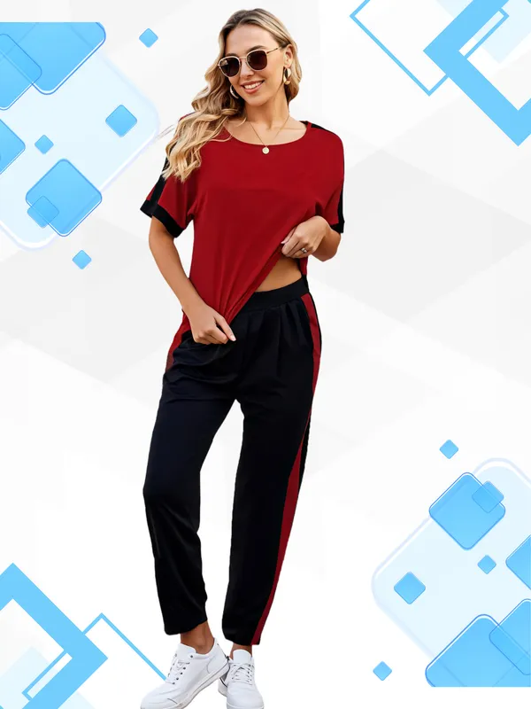Maroon_Casual_Relaxed_Fit_Two-Piece_Tracksuit_Set_with_Short_Sleeve_Top_and_Elastic_Waist_Pants