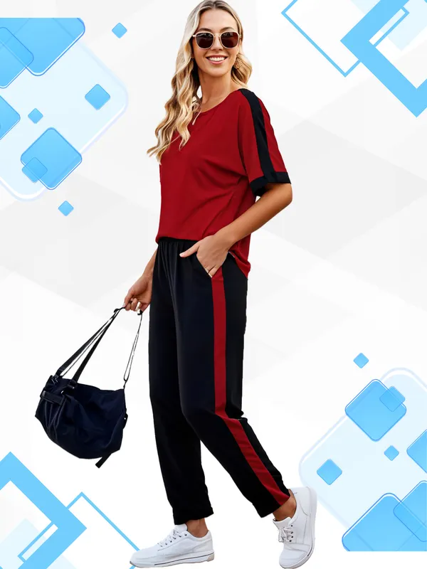 Maroon_Casual_Relaxed_Fit_Two-Piece_Tracksuit_Set_with_Short_Sleeve_Top_and_Elastic_Waist_Pants