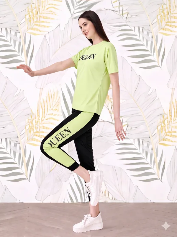 Women’s_Green_Queen_Printed_T-Shirt_with_Black_Jogger_Co-Ord_Set_|_Round_Neck_Half_Sleeve_Top_&_Slim_Fit_Track_Pants_|_Stylish_Casual_Wear,_Gym_Wear_&_Loungewear_|_MF_WITH_SQUARE