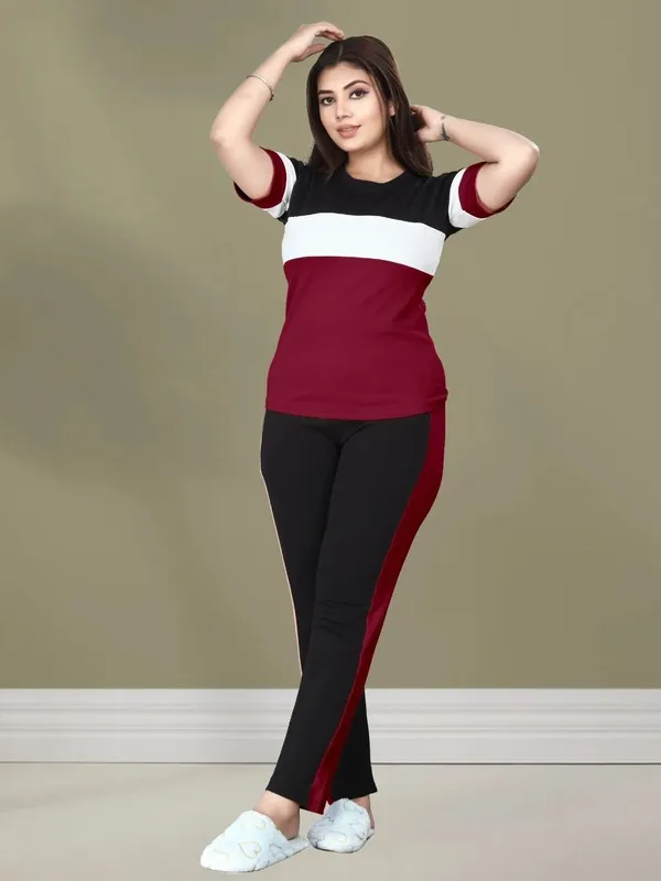 Women’s_Maroon_Black_White_Poly_Cotton_Tracksuit_Set_with_Pocket_|_Color_Block_Half_Sleeve_T-Shirt_&_Track_Pants_|_Stylish_Co-Ord_Set_for_Casual_Wear,_Gym,_Travel_&_Lounge_Wear
