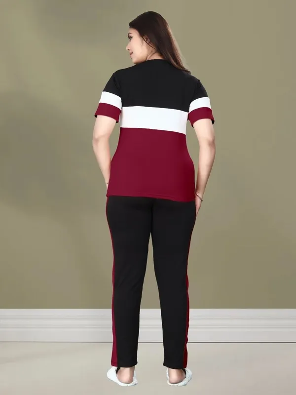 Women’s_Maroon_Black_White_Poly_Cotton_Tracksuit_Set_with_Pocket_|_Color_Block_Half_Sleeve_T-Shirt_&_Track_Pants_|_Stylish_Co-Ord_Set_for_Casual_Wear,_Gym,_Travel_&_Lounge_Wear