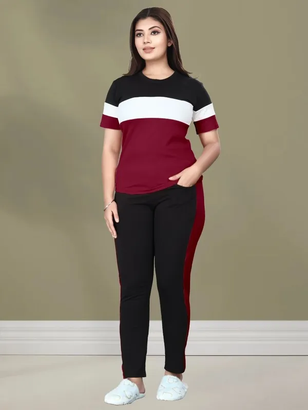 Women’s_Maroon_Black_White_Poly_Cotton_Tracksuit_Set_with_Pocket_|_Color_Block_Half_Sleeve_T-Shirt_&_Track_Pants_|_Stylish_Co-Ord_Set_for_Casual_Wear,_Gym,_Travel_&_Lounge_Wear
