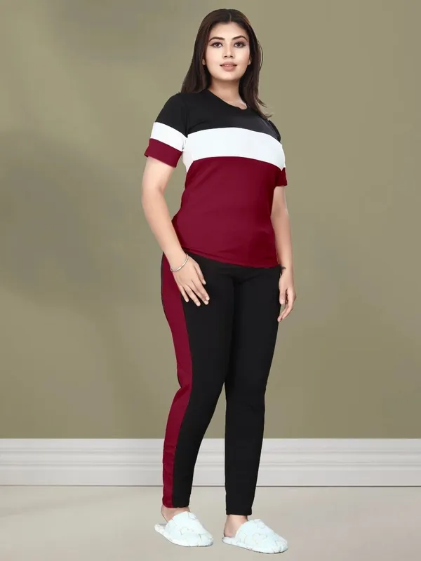 Women’s_Maroon_Black_White_Poly_Cotton_Tracksuit_Set_with_Pocket_|_Color_Block_Half_Sleeve_T-Shirt_&_Track_Pants_|_Stylish_Co-Ord_Set_for_Casual_Wear,_Gym,_Travel_&_Lounge_Wear