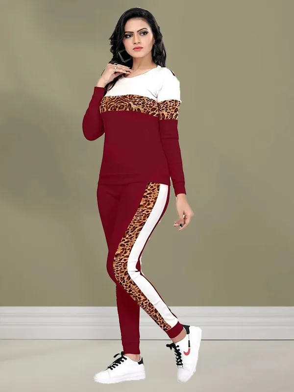 Women's_Maroon_Poly_Cotton_Tracksuit_Set_with_Leopard_Print_Panel_&_Side_Stripe,_Full_Sleeve_Stylish_Co-Ord_Set_for_Casual_Wear,_Gym,_Travel_&_Lounge_Wear