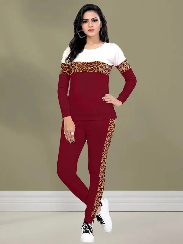 Women's_Maroon_Poly_Cotton_Tracksuit_Set_with_Leopard_Print_Panel_&_Side_Stripe,_Full_Sleeve_Stylish_Co-Ord_Set_for_Casual_Wear,_Gym,_Travel_&_Lounge_Wear