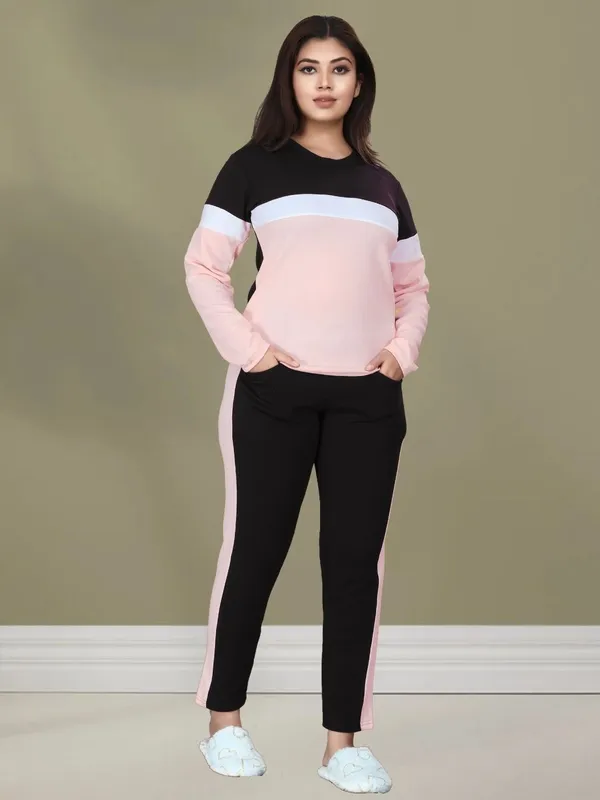 Women’s_Peach_Black_&_White_Cotton_Blend_Tracksuit_Set_with_Pocket_|_Half_Sleeve_Printed_Top_&_Side_Stripe_Track_Pants_|_Comfortable_Co-Ord_Set_for_Casual,_Gym_&_Lounge_Wear