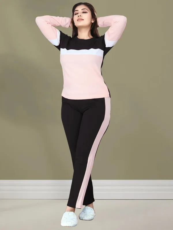 Women’s_Peach_Black_&_White_Cotton_Blend_Tracksuit_Set_with_Pocket_|_Half_Sleeve_Printed_Top_&_Side_Stripe_Track_Pants_|_Comfortable_Co-Ord_Set_for_Casual,_Gym_&_Lounge_Wear