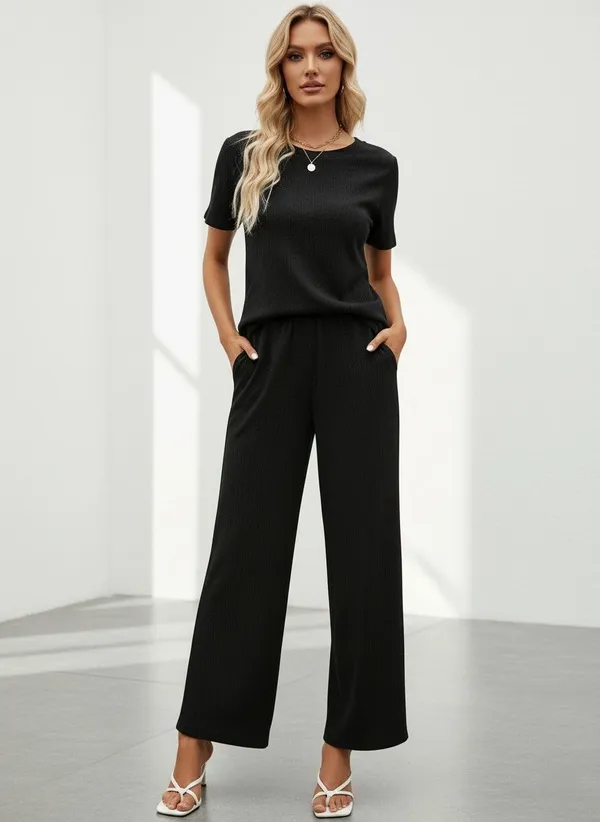 Women’s_Solid_Co-Ord_Set_with_Short_Sleeve_Top_&_Wide-Leg_Pants