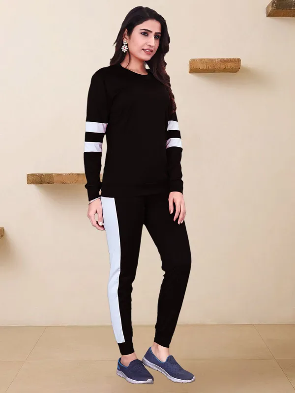 Women’s_Stylish_Black_Solid_Track_Suit_with_White_Stripe_Detailing_–_Full_Sleeve_Top_&_Slim_Fit_Track_Pants_Set
