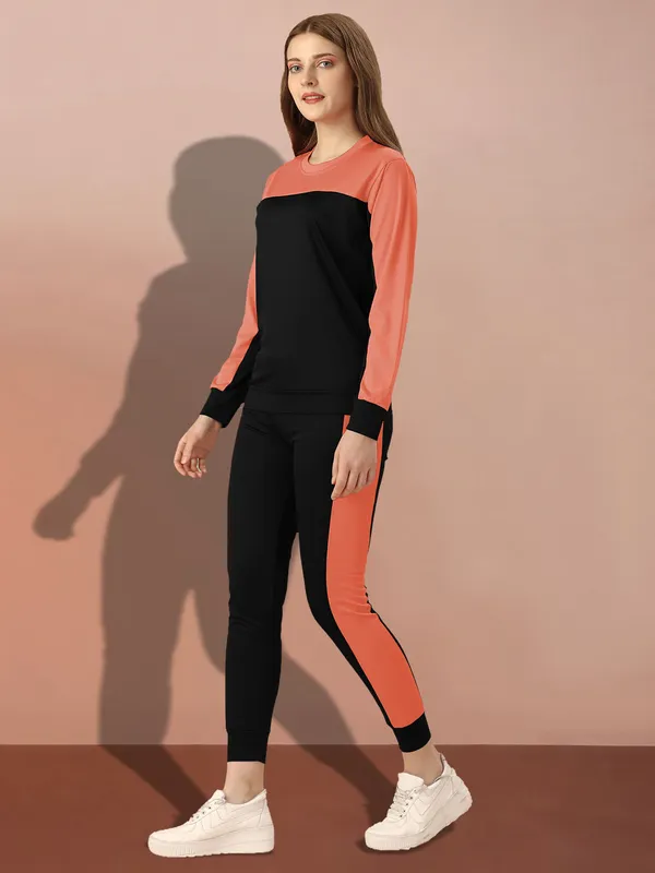 Orange_&_Black_Cotton_Blend_Striped_Regular_Track_Suit_For_Women
