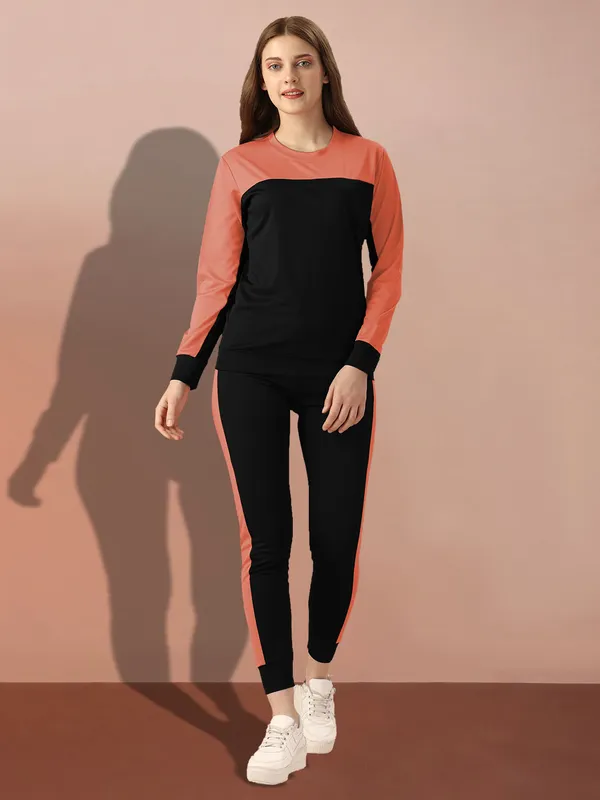 Orange_&_Black_Cotton_Blend_Striped_Regular_Track_Suit_For_Women
