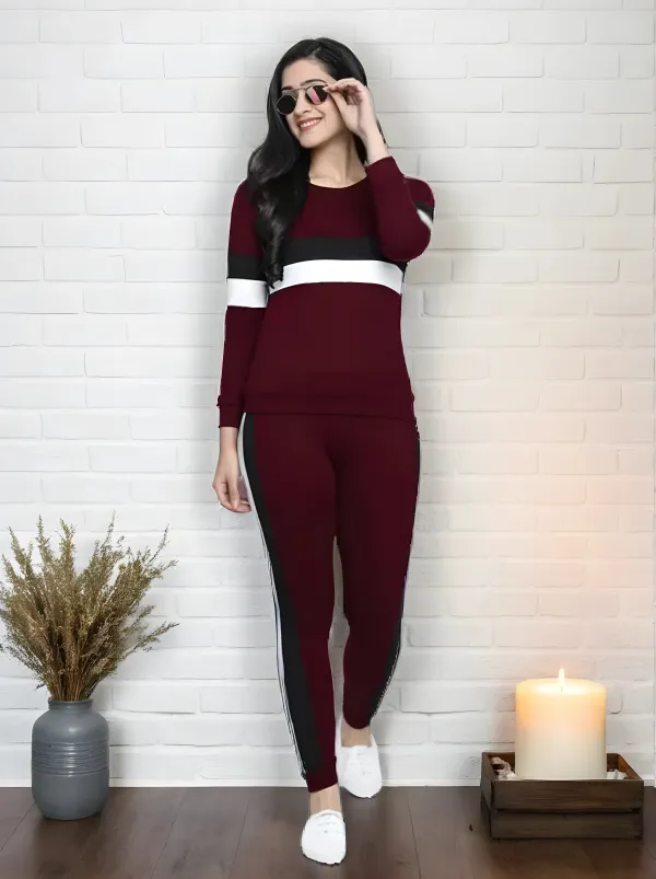 Maroon_&_White_&_Black_Cotton_Blend_Striped_Regular_Track_Suit_For_Women