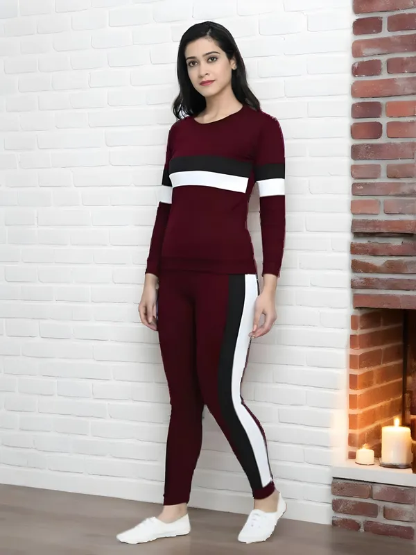 Maroon_&_White_&_Black_Cotton_Blend_Striped_Regular_Track_Suit_For_Women