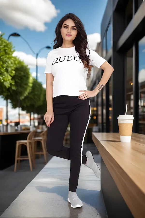 White_&_Black_Cotton_Blend_Printed_Regular_Track_Suit_For_Women