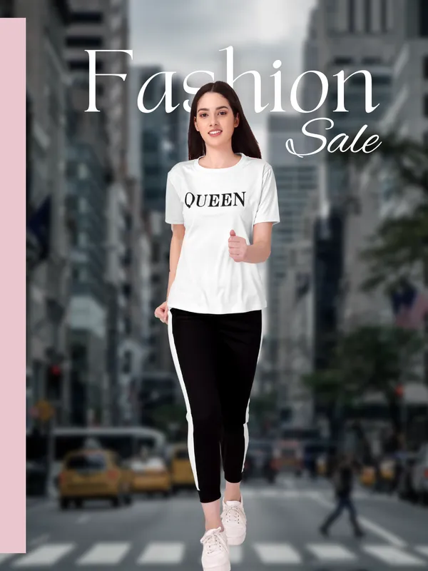 White_&_Black_Cotton_Blend_Striped_Regular_Track_Suit_For_Women