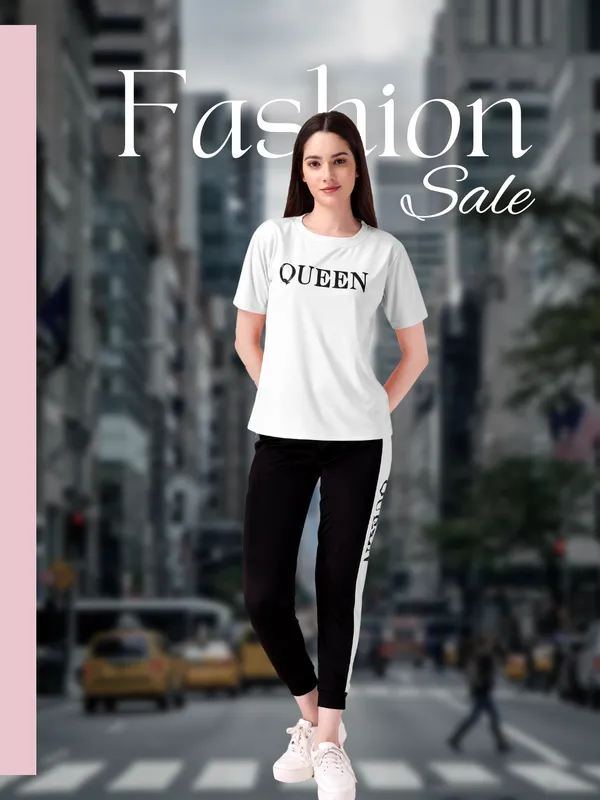 White_&_Black_Cotton_Blend_Striped_Regular_Track_Suit_For_Women