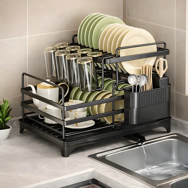 Alloy_Steel_2-Tier_+_1-Tier_Dish_Drying_Rack_Combo_(Black)