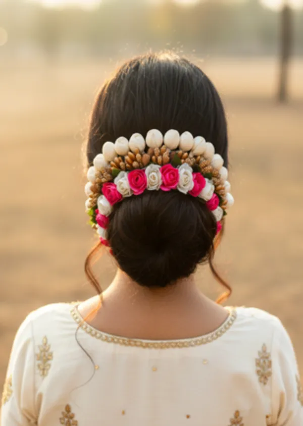 Pink_&_White_Artificial_Flower_Hair_Gajra