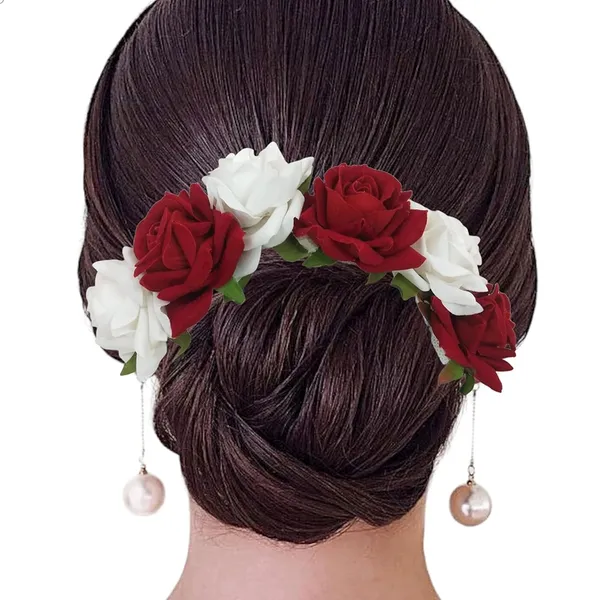 Maroon_&_White_Velvet_Rose_Gajra_For_Women