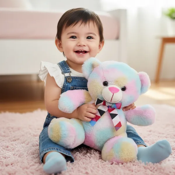 Multicolor_Happy_Teddy_Bear_With_A_Bow_Rainbow_Lightweight_Plush_Non_Musical_Soft_Toy_|_Age_3