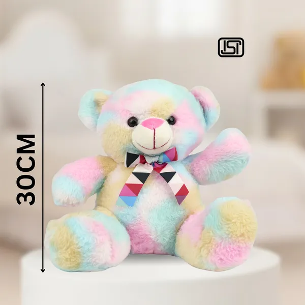 Multicolor_Happy_Teddy_Bear_With_A_Bow_Rainbow_Lightweight_Plush_Non_Musical_Soft_Toy_|_Age_3