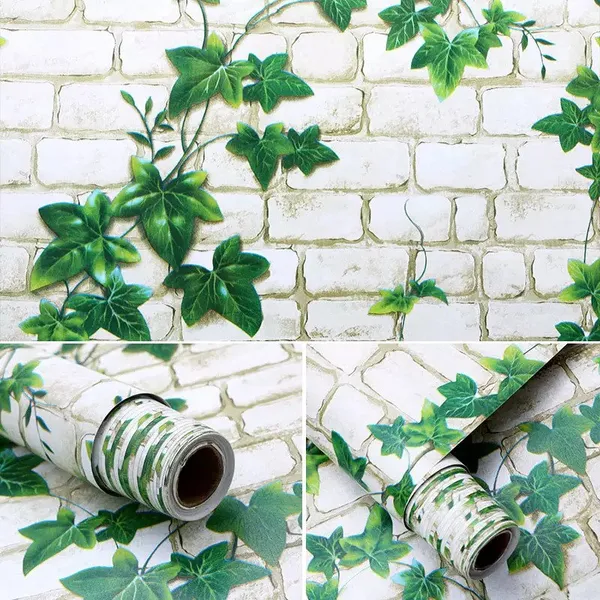White_&_Green_Ivy_Leaves_Climbing_A_White_Brick_Wall_Pattern_WallpaperPeel_&_Stick,_Waterproof,_Self-Adhesive_Ideal_For_Homes_&_Shops