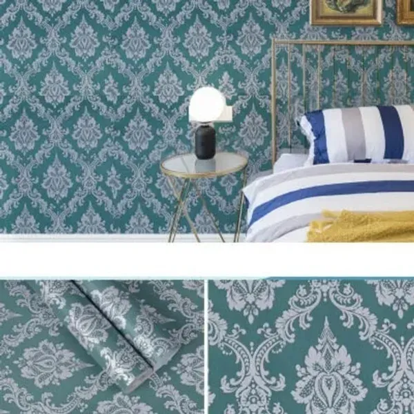 White_Damask_Pattern_On_A_Teal_Background_Wallpaper_Peel_&_Stick,_Waterproof,_Self-Adhesive_Ideal_For_Homes_&_Shops