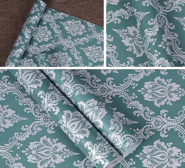 White_Damask_Pattern_On_A_Teal_Background_Wallpaper_Peel_&_Stick,_Waterproof,_Self-Adhesive_Ideal_For_Homes_&_Shops