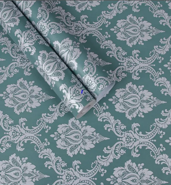 White_Damask_Pattern_On_A_Teal_Background_Wallpaper_Peel_&_Stick,_Waterproof,_Self-Adhesive_Ideal_For_Homes_&_Shops