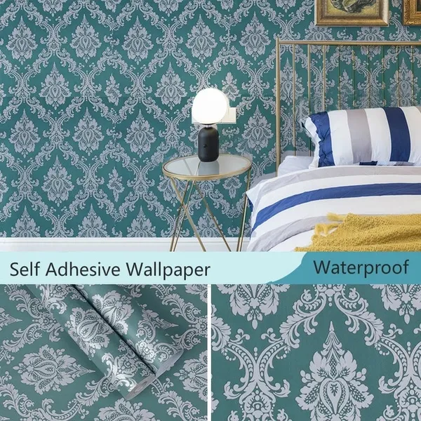 White_Damask_Pattern_On_A_Teal_Background_Wallpaper_Peel_&_Stick,_Waterproof,_Self-Adhesive_Ideal_For_Homes_&_Shops