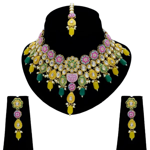 Yellow_&_Green_Brass_Premium_Kundan_Meenakari_Necklace_Set_For_Women_&_Girls_(08-0550)