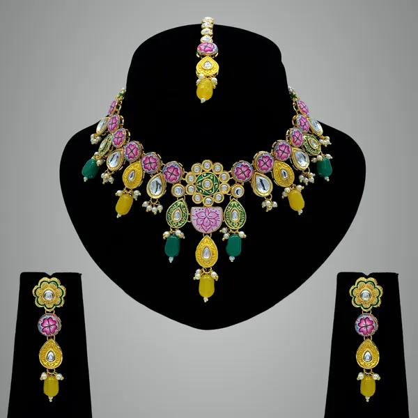 Yellow_&_Green_Brass_Premium_Kundan_Meenakari_Necklace_Set_For_Women_&_Girls_(08-0552)