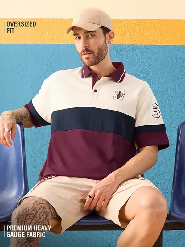 Off_White_And_Maroon_Cotton_Oversized_Polo_T-Shirt_For_Men