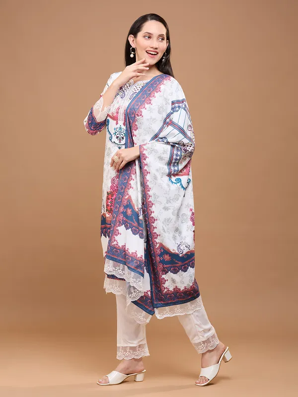 White_Cotton_Printed_Straight_Kurta_Set_With_Dupatta_&_Lace_Detailing_For_Women