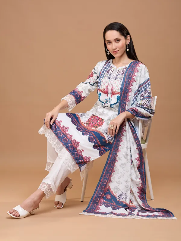 White_Cotton_Printed_Straight_Kurta_Set_With_Dupatta_&_Lace_Detailing_For_Women