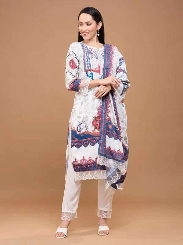 White_Cotton_Printed_Straight_Kurta_Set_With_Dupatta_&_Lace_Detailing_For_Women