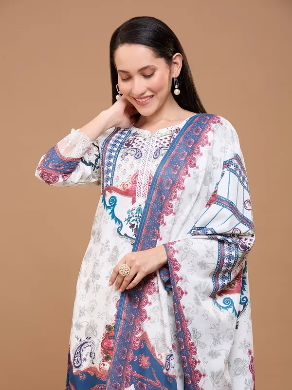 White_Cotton_Printed_Straight_Kurta_Set_With_Dupatta_&_Lace_Detailing_For_Women