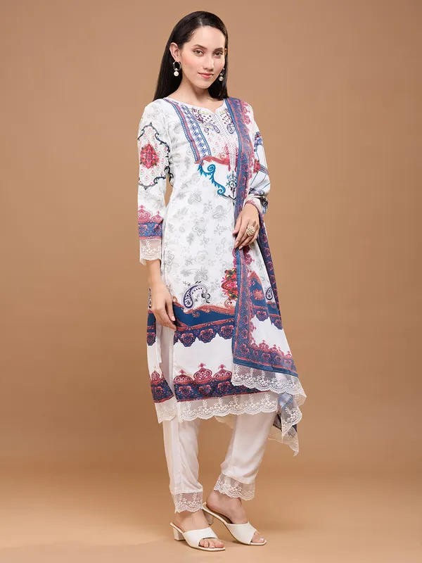 White_Cotton_Printed_Straight_Kurta_Set_With_Dupatta_&_Lace_Detailing_For_Women