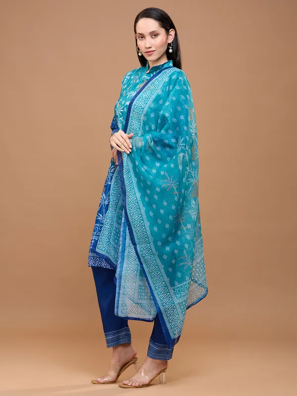 Teal_Blue_Cotton_Printed_Straight_Kurta_With_Trousers_&_Dupatta_For_Women