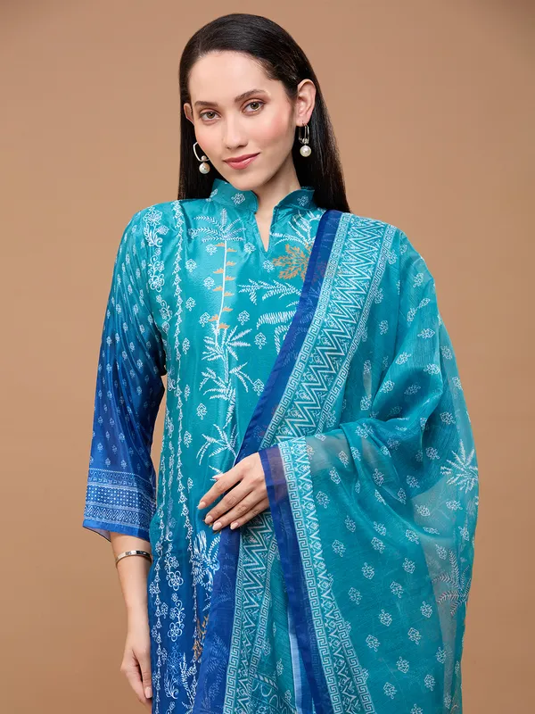 Teal_Blue_Cotton_Printed_Straight_Kurta_With_Trousers_&_Dupatta_For_Women