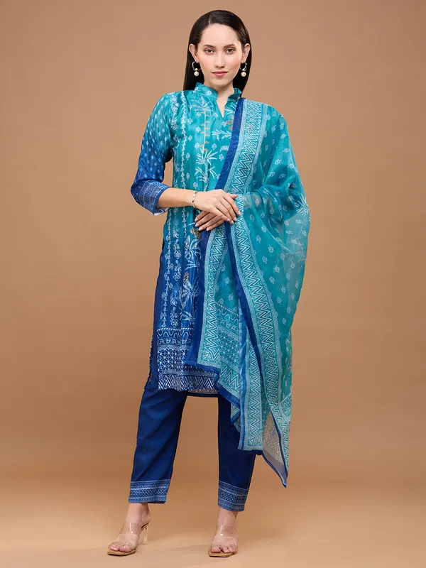 Teal_Blue_Cotton_Printed_Straight_Kurta_With_Trousers_&_Dupatta_For_Women