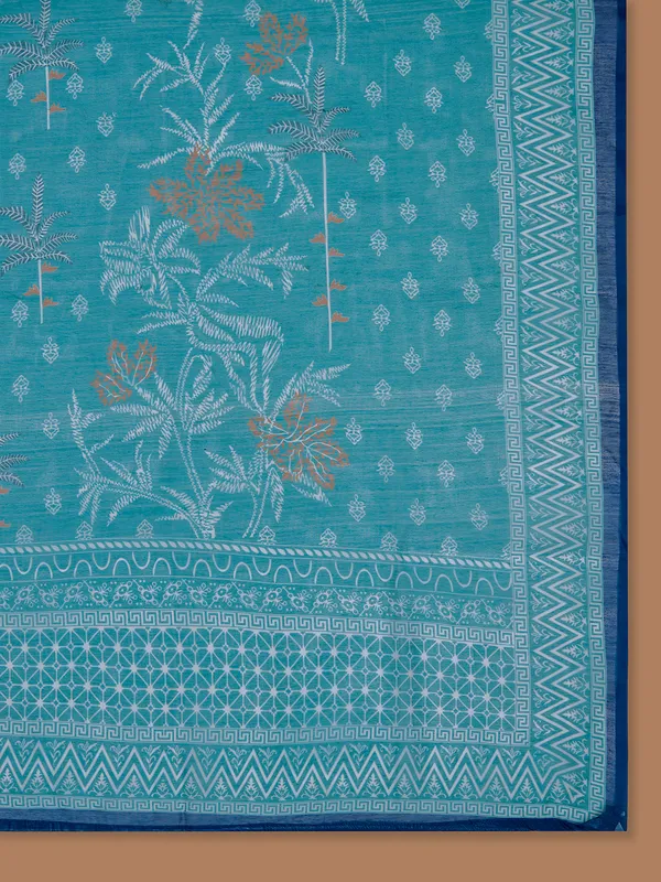 Teal_Blue_Cotton_Printed_Straight_Kurta_With_Trousers_&_Dupatta_For_Women