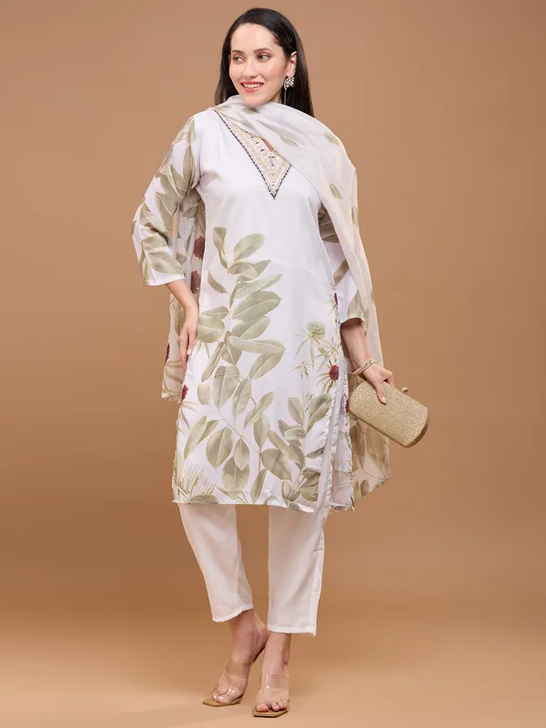 Off-White_Cotton_Leaf_Printed_Kurta_With_Trousers_&_Dupatta_For_Women