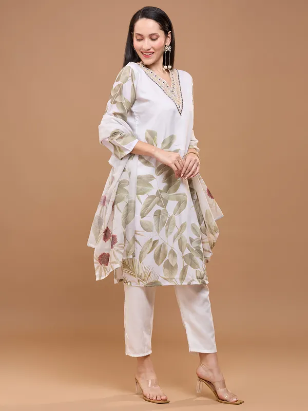 Off-White_Cotton_Leaf_Printed_Kurta_With_Trousers_&_Dupatta_For_Women