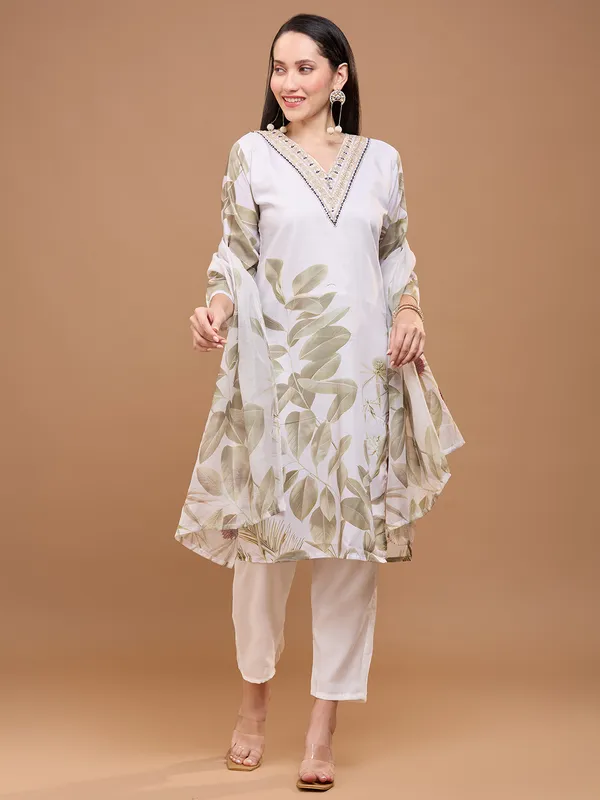 Off-White_Cotton_Leaf_Printed_Kurta_With_Trousers_&_Dupatta_For_Women