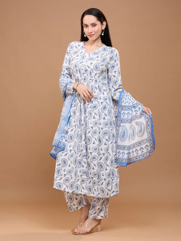White_&_Blue_Cotton_Ethnic_Motifs_Printed_Kurta_Set_With_Dupatta_For_Women