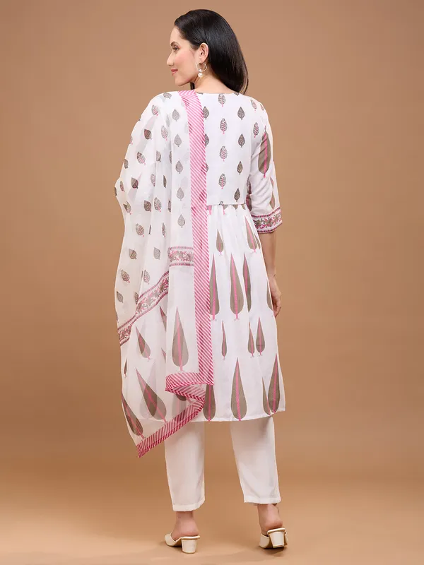 White_Cotton_Floral_Print_Anarkali_With_Trousers_&_Dupatta_Kurta_Set_For_Women